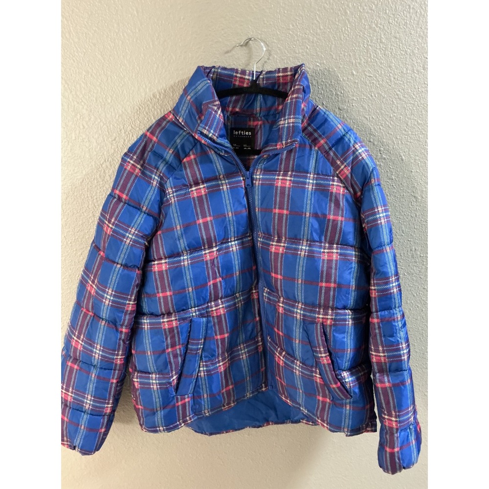 Lefties Outerwear Blue Plaid Puffer Jacket Women XL Full Zip Quilted Coat
